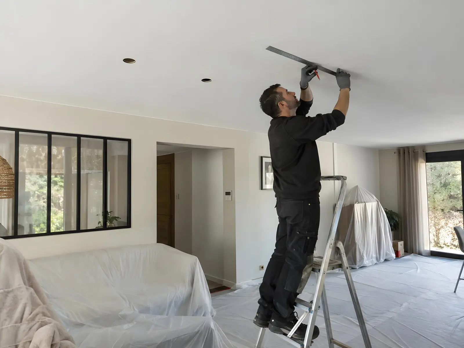 Électricien sur un escabeau qui trace au réglet sur le plafond d’un séjour, deux spots percés, meubles bâchés