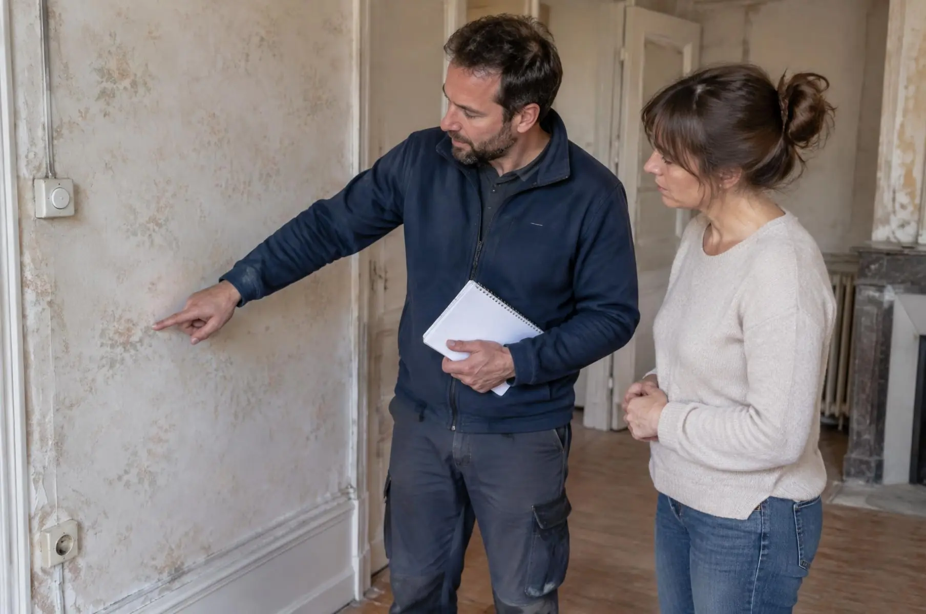 Électricien et propriétaire devant un mur au papier peint ancien, vieil interrupteur rond et prise au ras de la plinthe
