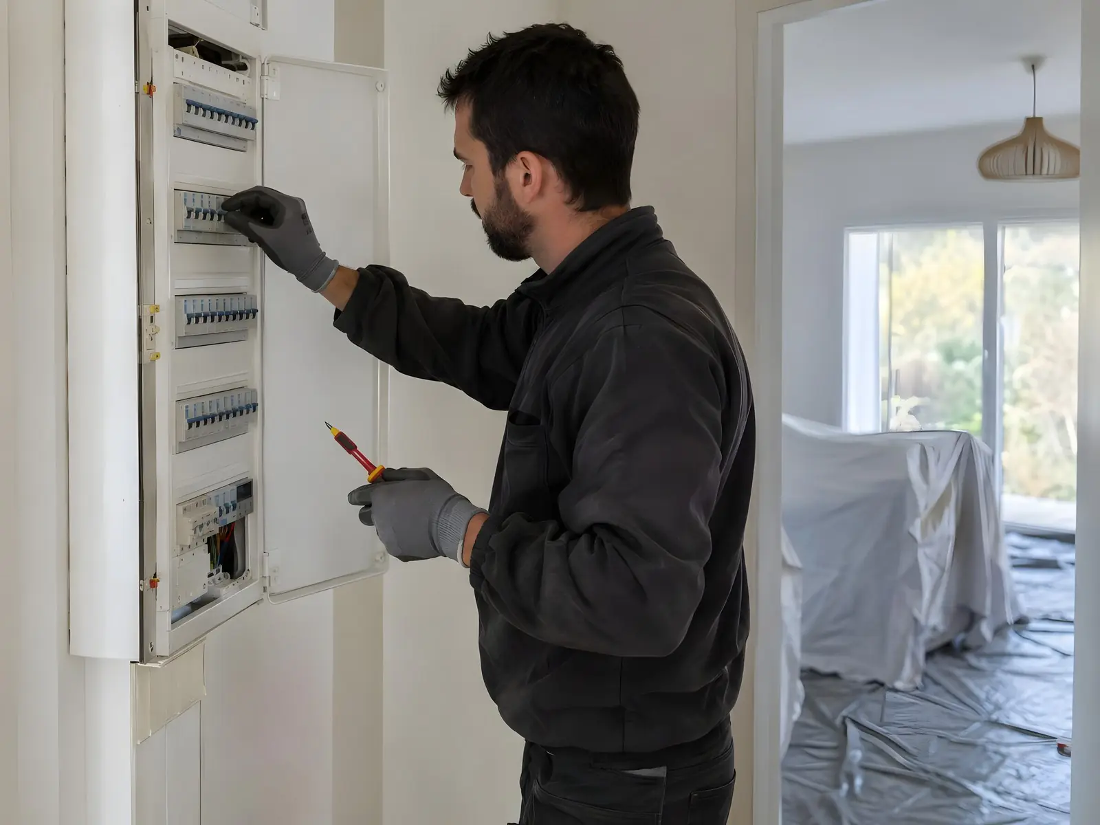 Électricien ganté qui vérifie les disjoncteurs d’un tableau ouvert, tournevis testeur en main ; dans la pièce voisine, des meubles bâchés