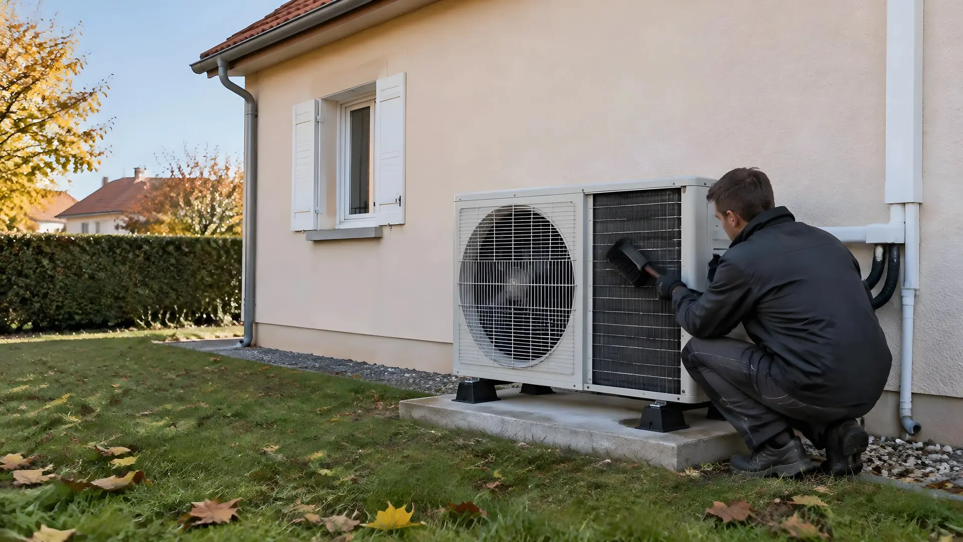 Technicien accroupi qui entretient le groupe extérieur d’une pompe à chaleur posé contre un pavillon crépi