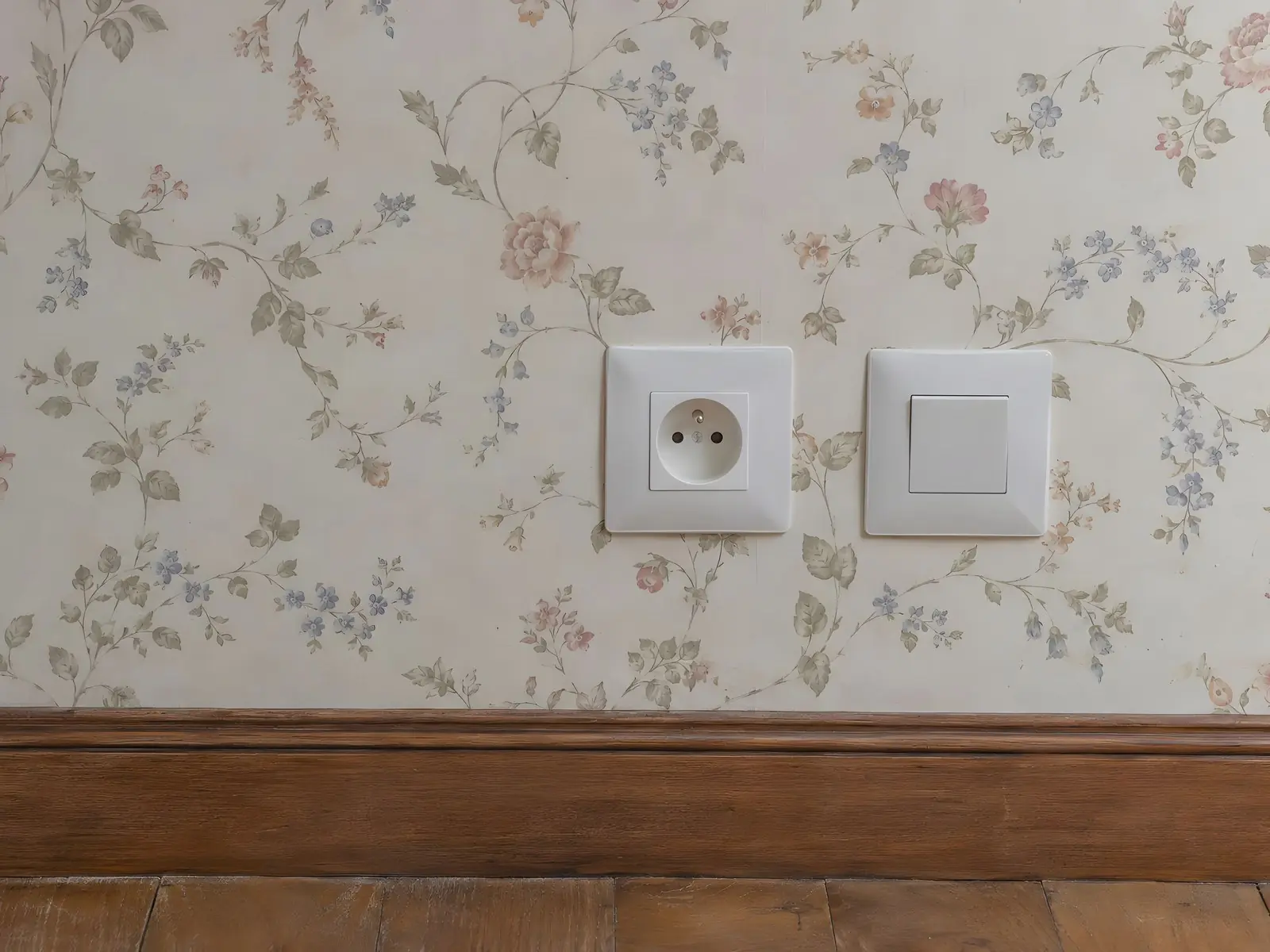 Papier peint fleuri fané : prise et interrupteur blancs modernes encastrés au-dessus d’une plinthe en bois