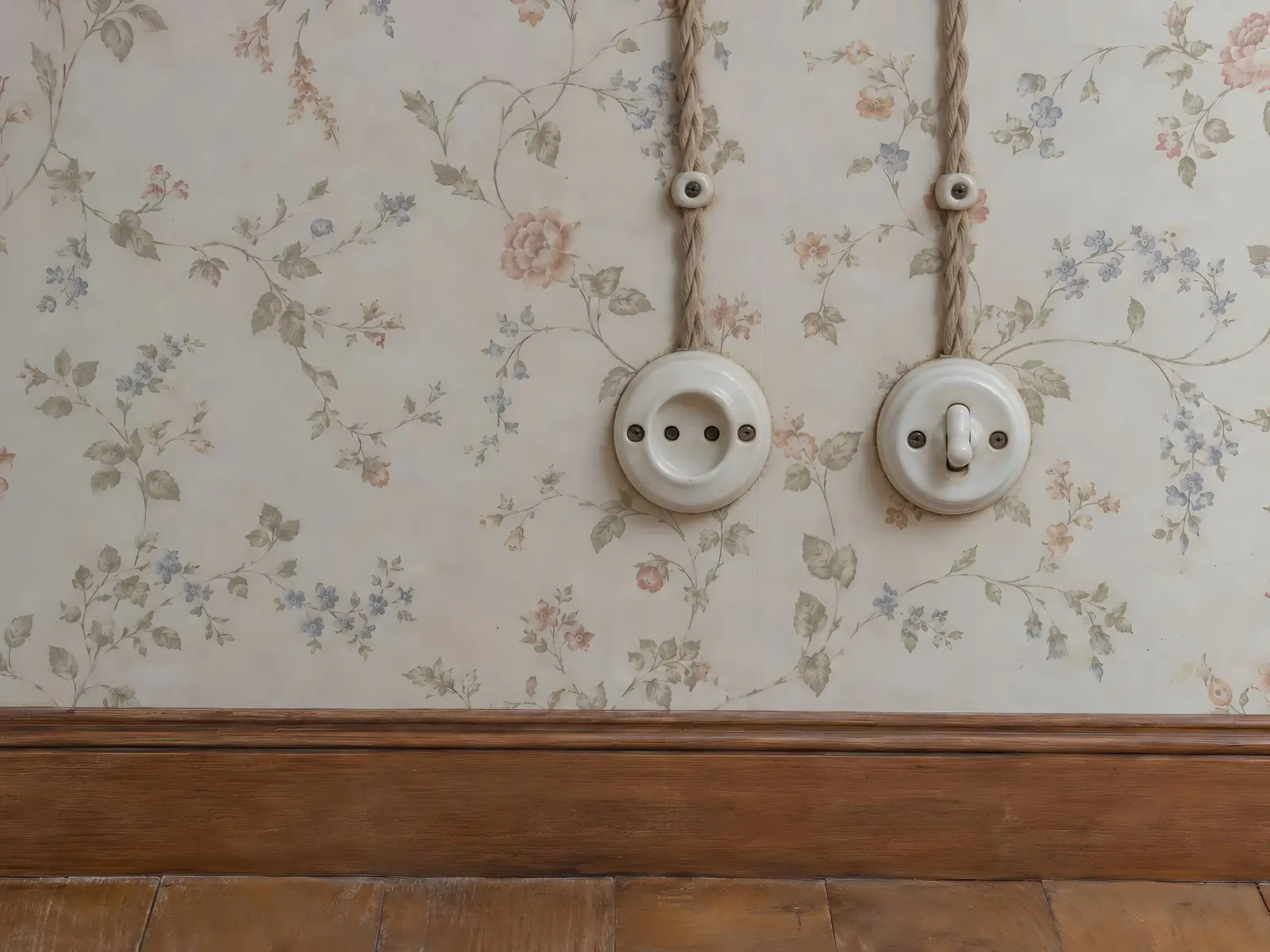 Papier peint fleuri fané : vieille prise et interrupteur à bouton en porcelaine, fils torsadés apparents