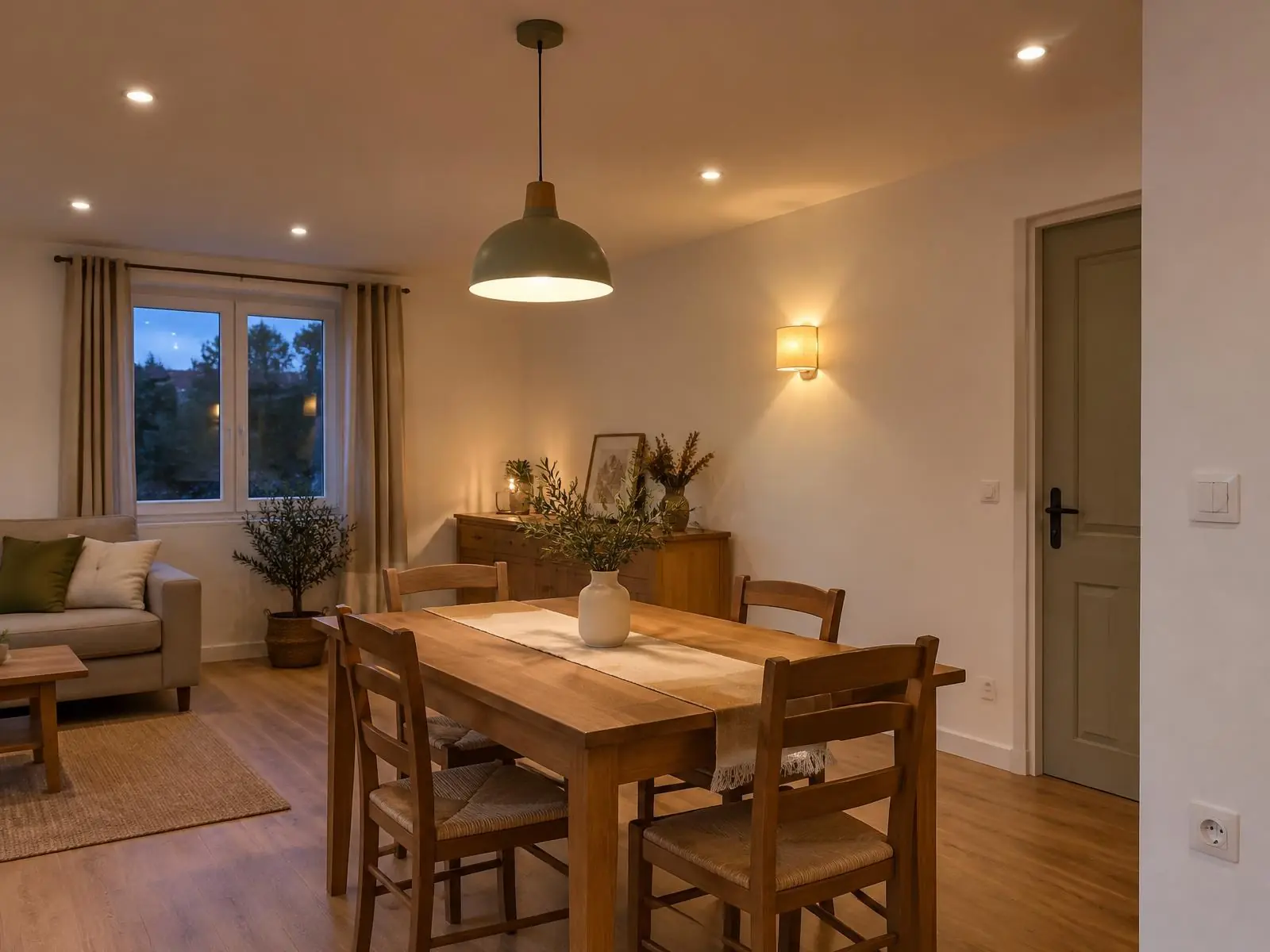Séjour le soir : suspension allumée au-dessus de la table en bois, spots au plafond et applique en tissu au mur