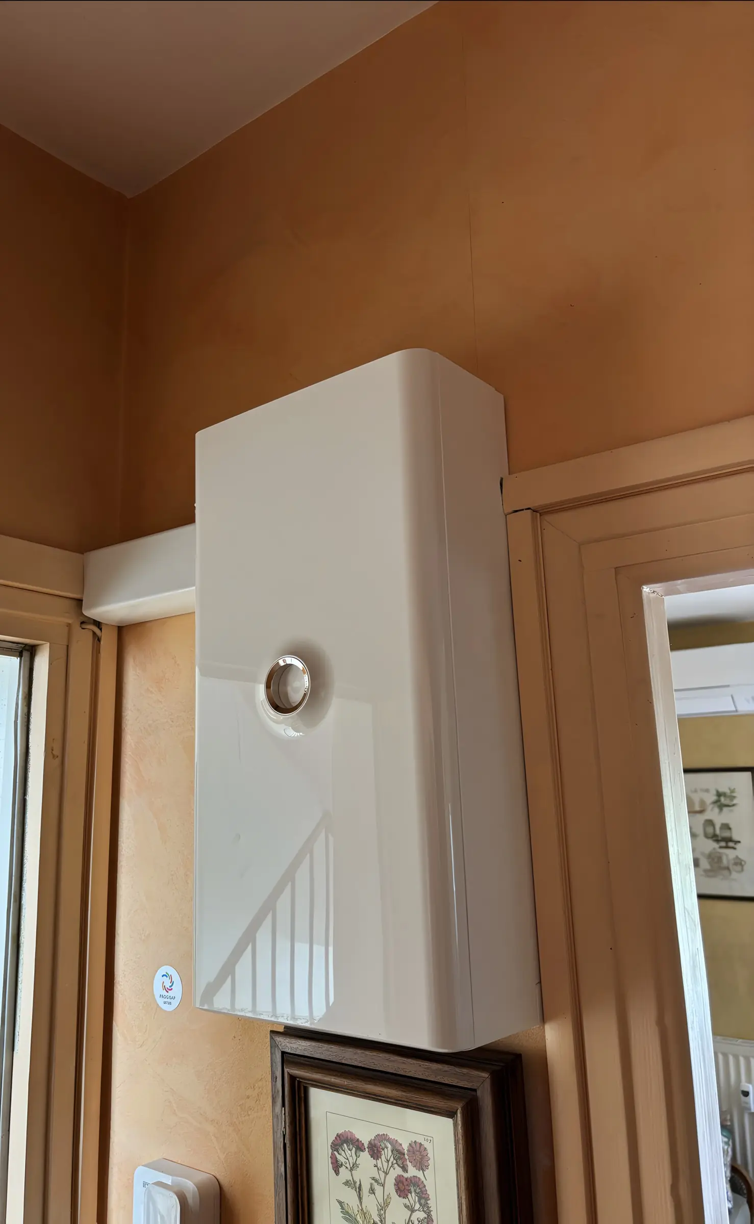 Coffret électrique blanc à porte pleine et hublot rond, fixé en hauteur dans une entrée aux murs orangés, au-dessus d’un cadre de fleurs